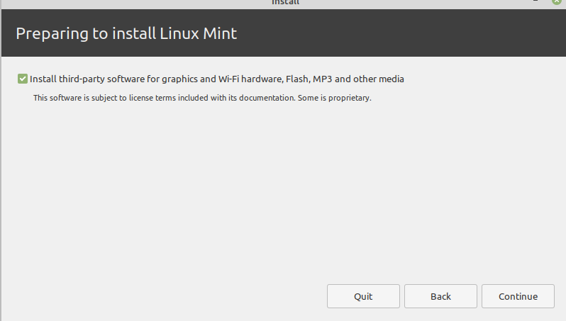 Chon thirdparty install khi cai dat linux mint